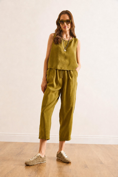 Olalook Women's Oil Green Top Blouse Bottom Pocket Pants Soft Texture Suit Tk...