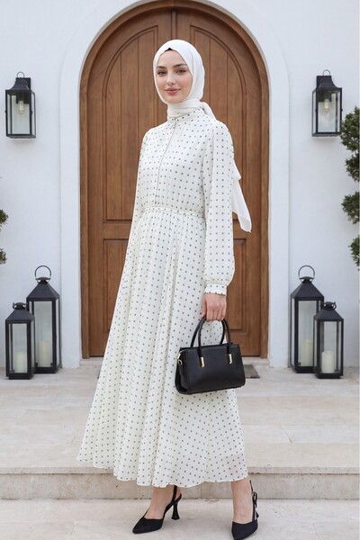 Modamorfo Lined, Elastic Waist, Polka Dot Patterned Long Chiffon Dress -White