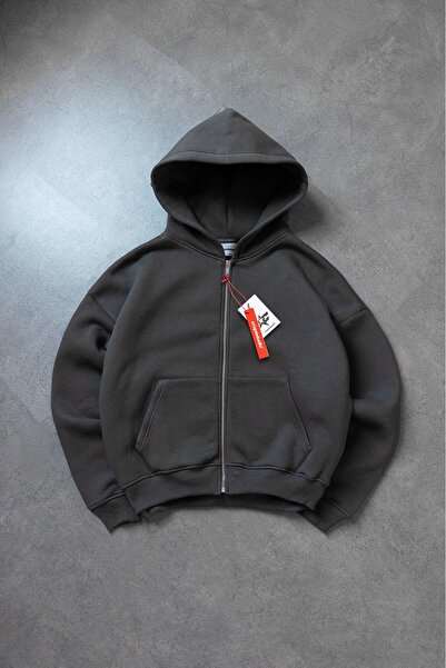 Crupt Studio Antrasit Boxy Crop Erkek Ceket Zip Hoodie