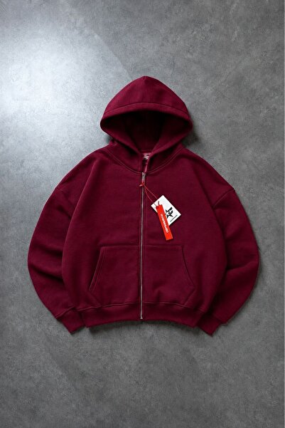 Crupt Studio Bordo Boxy Crop Erkek Ceket Zip Hoodie