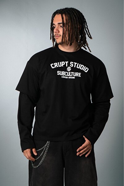 Crupt Studio Tricou bărbătesc Crop cu mânecă lungă, cu imprimeu Crupt White S...