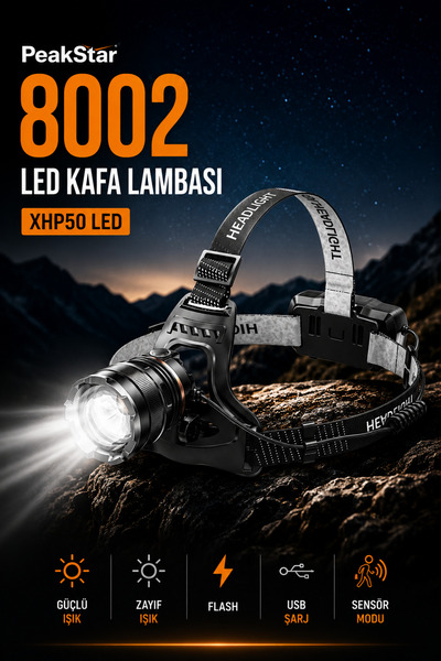PeakStar PS-8002 Sensörlü Zoomlu Profesyonel 3000 Lümen Xhp50 Led Usb'li Şarj...