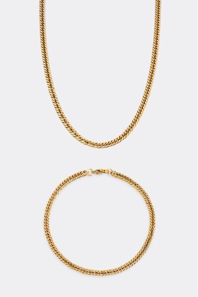 Crupt Studio 4mm Retro Gold Steel Chain Men's Necklace and Bracelet Set Ka1062Al