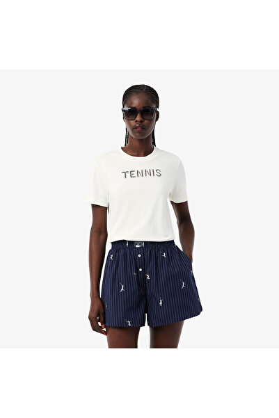 Lacoste Kadın Regular Fit Bisiklet Yaka Baskılı Beyaz T-Shirt