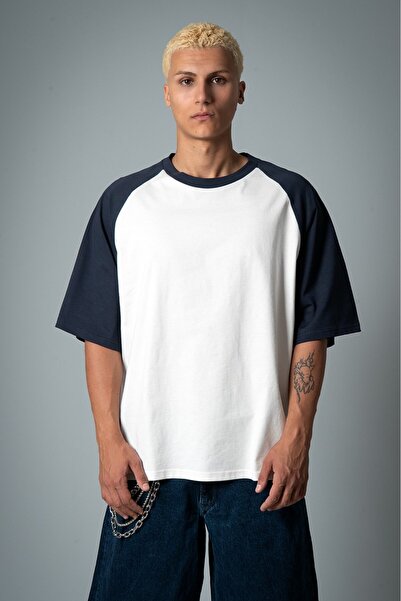 Crupt Studio Crupt Oversize Navy Blue Raglan White Men's T-Shirt