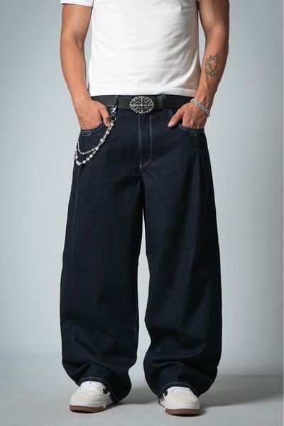 GRJ denim Phantom Pleated Contrast Stitched Baggy Blue Men's Denim Trousers