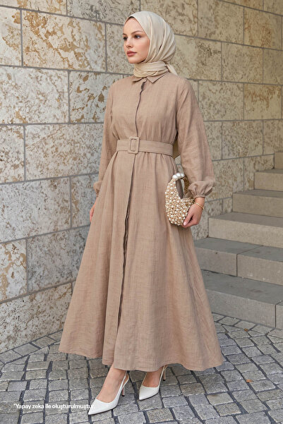 InStyle Shirt Collar Belted Plain Beige Dress
