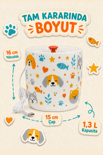 Pawicci Kedi Köpek Porselen Su Pınari Otomatik Filtreli Pompa Seramik 1,3 L LED Işıklı USB Adaptörlü Su Sebili