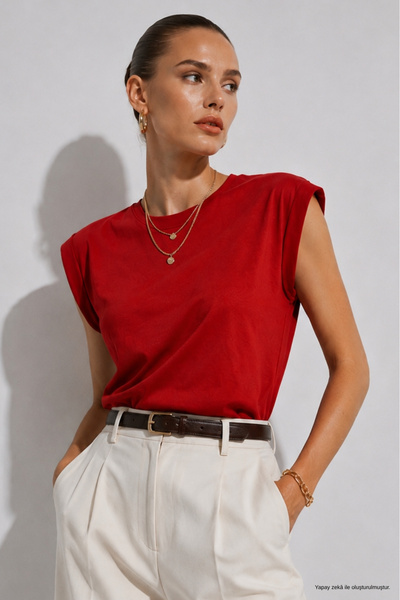 WILD BEE Tricou de damă din bumbac roșu, cu mâneci duble și decolteu tip crew