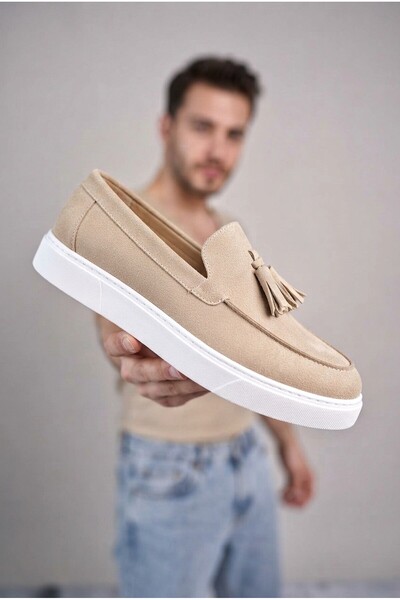 Zerenyus Zrj153 high quality men's slip-on loafer with tassels - suede cream