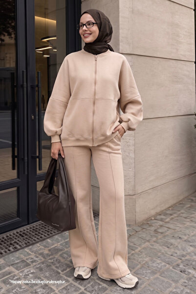 InStyle Zippered Piping Milk Brown Tracksuit Set