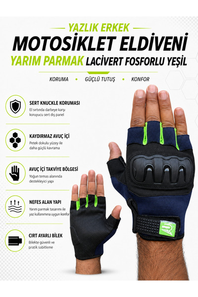 MOTOKIT Revertech Aura Navy Blue - Neon / Half Finger - Anti-Slip Palm Motorc...