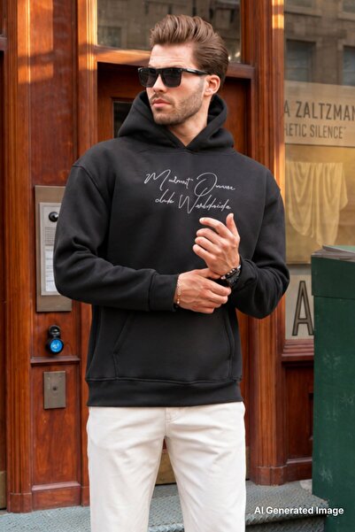 Madmext Black Hooded Pocket Detailed Printed Men's Sweatshirt 7064