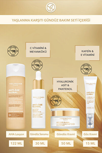 Yves Rocher Yaşlanma Karşıtı Gündüz Bakım Seti-Gündüz Kremi 50 ml&Gündüz Serumu 30 ml&Göz Kremi 15ml&AHA Losyon