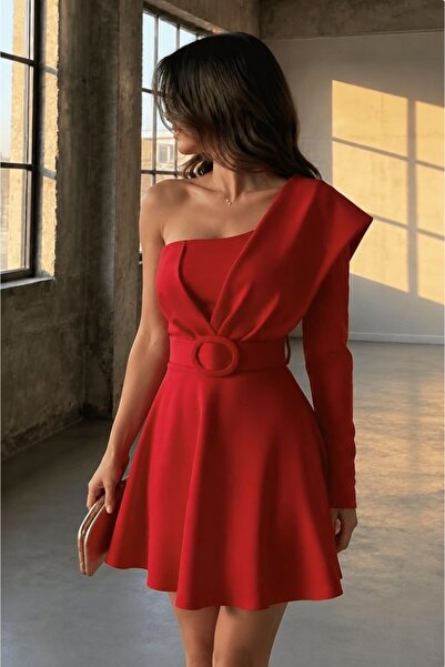 Modafeminen Flexible Diving Fabric Shoulder Detail Design Belted Mini Evening...