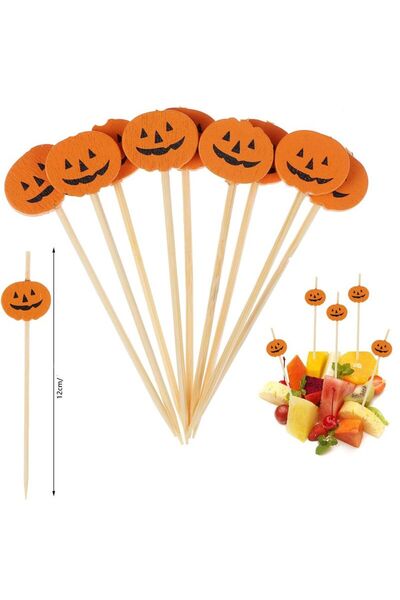 partidolu Halloween Temalı Turuncu Renk Balkabağı Ahşap Kürdan 25 Adet
