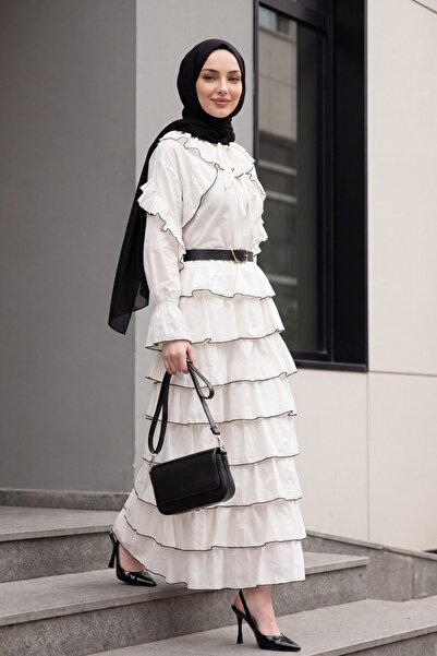Modamorfo Layered Skirt, Tie-Neck Collar, Flounced Piping Voile Suit - Ecru