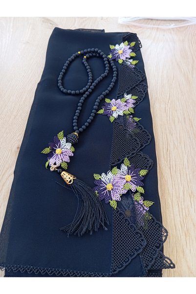 NUMİSTORE Needlework Black Color Prayer Rug with Prayer Beads