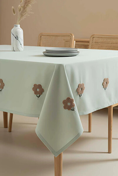 Rivaİstanbul Florita Green Punch Embroidered Worry-Free Stain-Proof Tableclot...