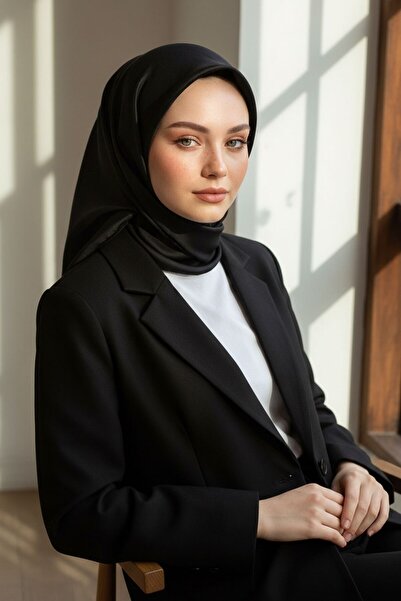 Vissona %100 Twill İpek Eşarp 90x90 Siyah Düz Renk Tok Dokulu Exclusive Seris...