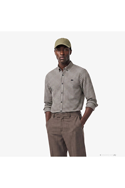 Lacoste Erkek Regular Fit Düğmeli Yaka Ekose Kahverengi Gömlek