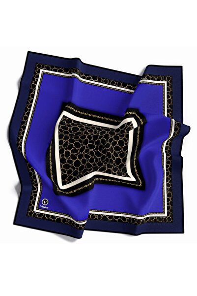 VİOLLA Twill Eşarp 90x90 Saks Mavisi Zincir Desenli İpek İçermez El Dikişli K...