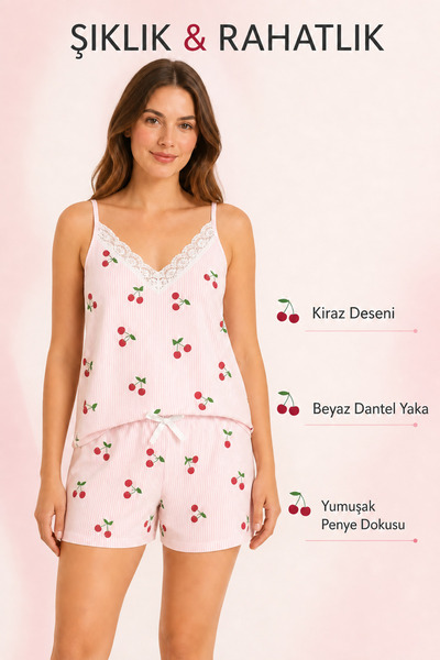 Bravie Milan Fabric Cherry Patterned Summer Pajama Set with Lace Collar and S...