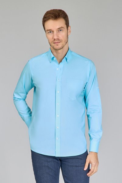 Bisse Turquoise Regular Fit Cotton Open Pasha Collar Shirt