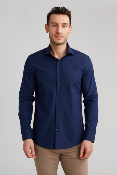Bisse Lacivert Modern Fit Pamuk Yarım İtalyan Yaka Gömlek