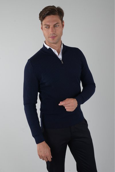 Bisse Navy Blue Half Fisherman Zippered Full Jacquard Wool Men's Knitwear