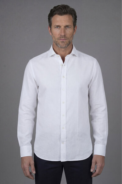 Bisse White Regular Fit Cotton Linen Birit Collar Shirt