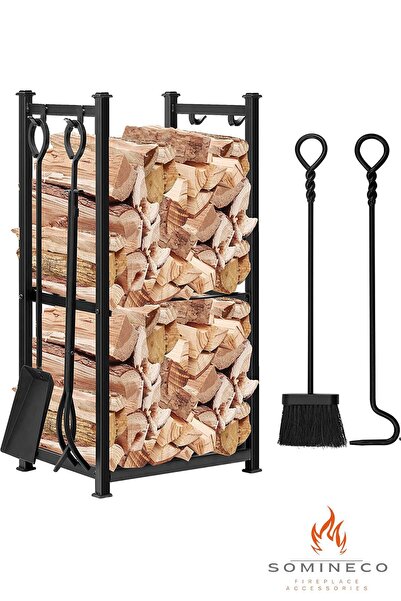SOMINECO 5 Li Ithal Metal Odunluk Raflı Şömine -soba Maşa Takımı Aksesuar Seti Ss-001