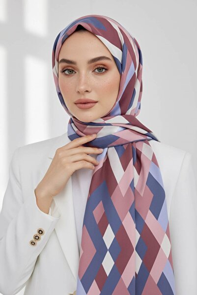 Vissona KREP GEOMETRİK DESENLİ PUDRA - İNDİGO RENKLİ 75X195 KIRIŞMAZ ŞAL