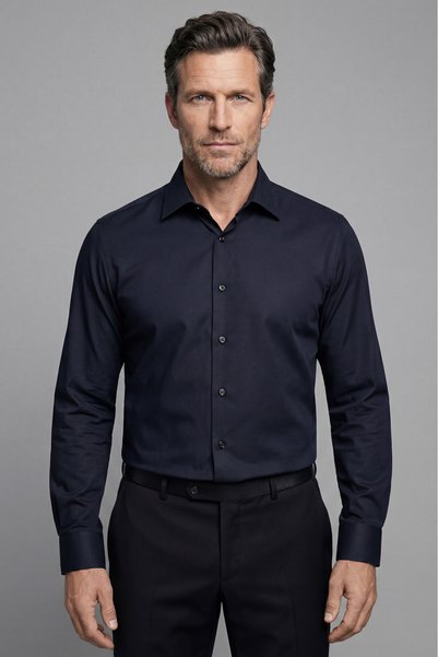 Bisse Black Regular Fit Cotton Pocketless Classic Collar Long Shirt