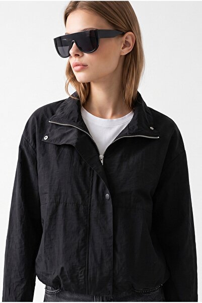 Mixray 2225 Women's Stand Collar Zippered Crinkle Seasonal Jacket Black