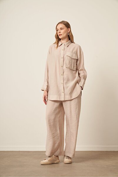 FTZ WOMEN Kadın Rahat Kalıp Modal Cepli Takım Beige 30717