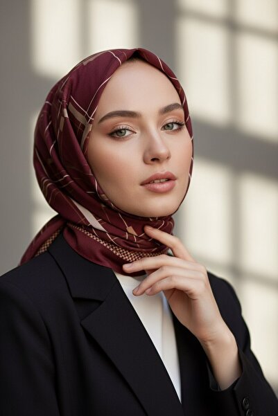 Vissona KREP GEOMETRİK DESENLİ BORDO - BEJ RENKLİ 75X195 KIRIŞMAZ ŞAL