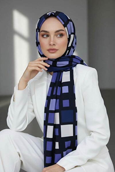 Vissona KREP KARE DESENLİ İNDİGO RENKLİ 75X195 KIRIŞMAZ ŞAL