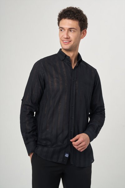 Bisse Black Regular Fit Cotton Linen Pasha Collar Transparent Shirt