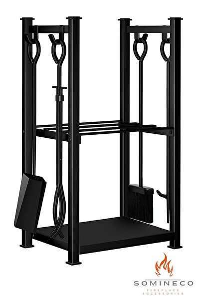 SOMINECO 5 Li Ithal Metal Odunluk Raflı Şömine -soba Maşa Takımı Aksesuar Seti Ss-001