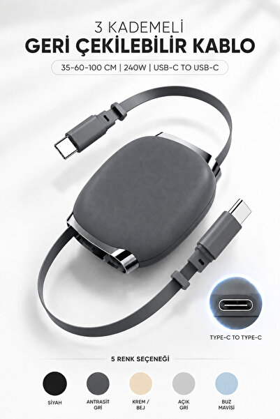 NOREXA Type C Şarj Kablosu 240W Hızlı Şarj USB C to USB C Geri Çekilebilir Ma...