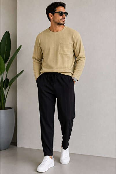 WENMİNG Men's Ottoman Fabric Crew Neck Top and Bottom Set