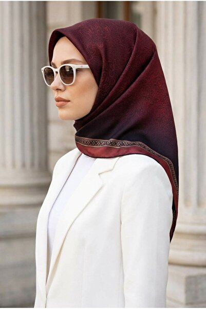 Vissona 57% Silk 43% Viscose Twill Scarf 90X90 Burgundy Baroque Patterned Han...