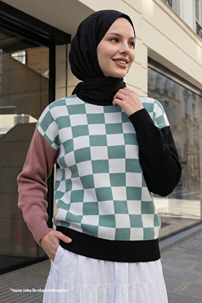 InStyle Monsa četvrtasti pleteni džemper sa kariranim uzorkom - menta