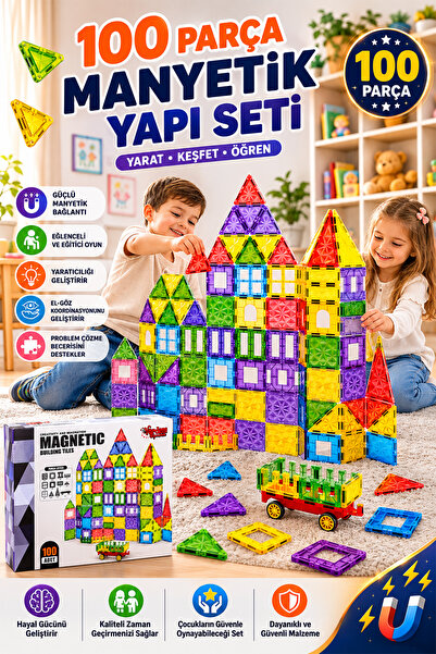 Onetick Manyetik Yapı Blokları 100 Parça Eğitici Renkli 3 Boyutlu 7,5 Cm Oyun...