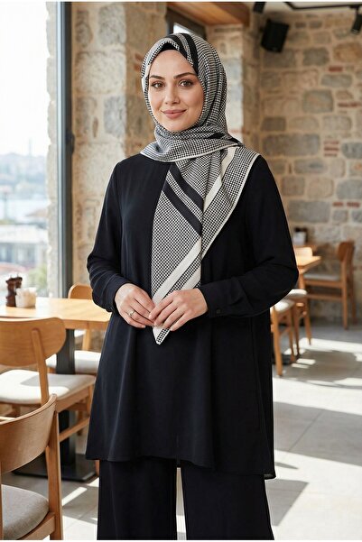 VİOLLA Twill Eşarp 90x90 Krem Çizgili Pötikare Desenli İpek İçermez Kadın Eşarp