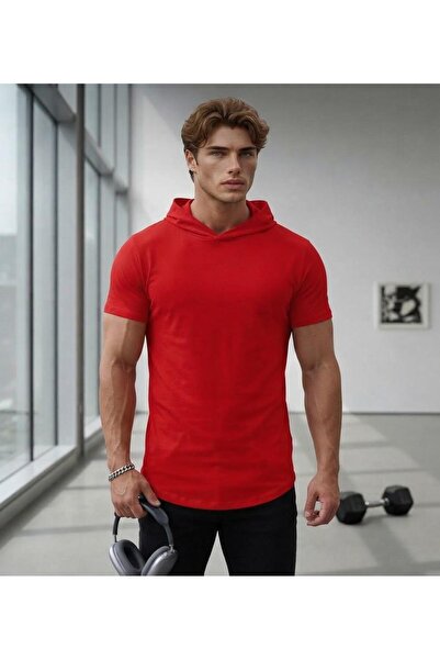 NO 601 Tricou roșu cu glugă cu mânecă scurtă ovală Slimfit pentru bărbați