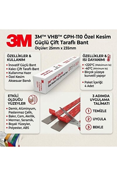 25x235x1mm Yedek Güçlü Çift Taraflı Vhb Bant Die Cut Kesim (4 ADET)