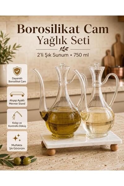 Atbyhome Mermer Stantlı 2'li Borosilikat Cam Yağlık Sirkelik Seti 750 ml - Ak...