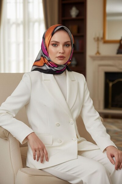 Vissona %100 Twill İpek Eşarp 90x90 Soyut Dalga Desenli El Dikişli Kadın Eşarp